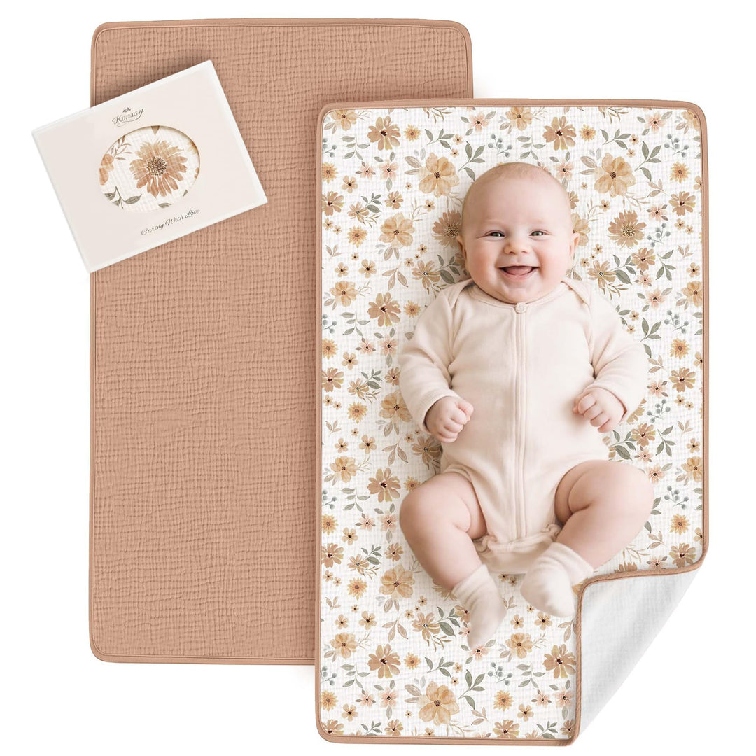 Konssy 2 Pack Waterproof Muslin Portable Changing Pad, Diaper Changing Mat - Toffee,Flourish - image 1