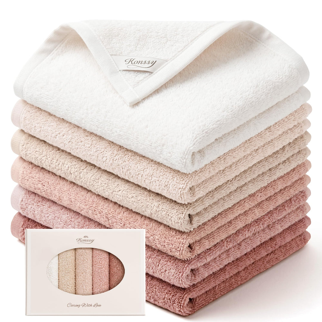 Konssy 6-Pack 100% Cotton Terry Face Cloths, Soft Wash Cloths for Women - Pink - image 1