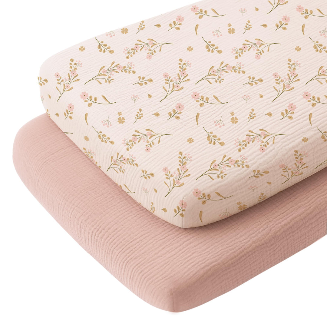 Konssy 2 Pack Muslin Bassinet Sheets for Baby Girls Boys, 33"x21" - Floral,Pink - image 1