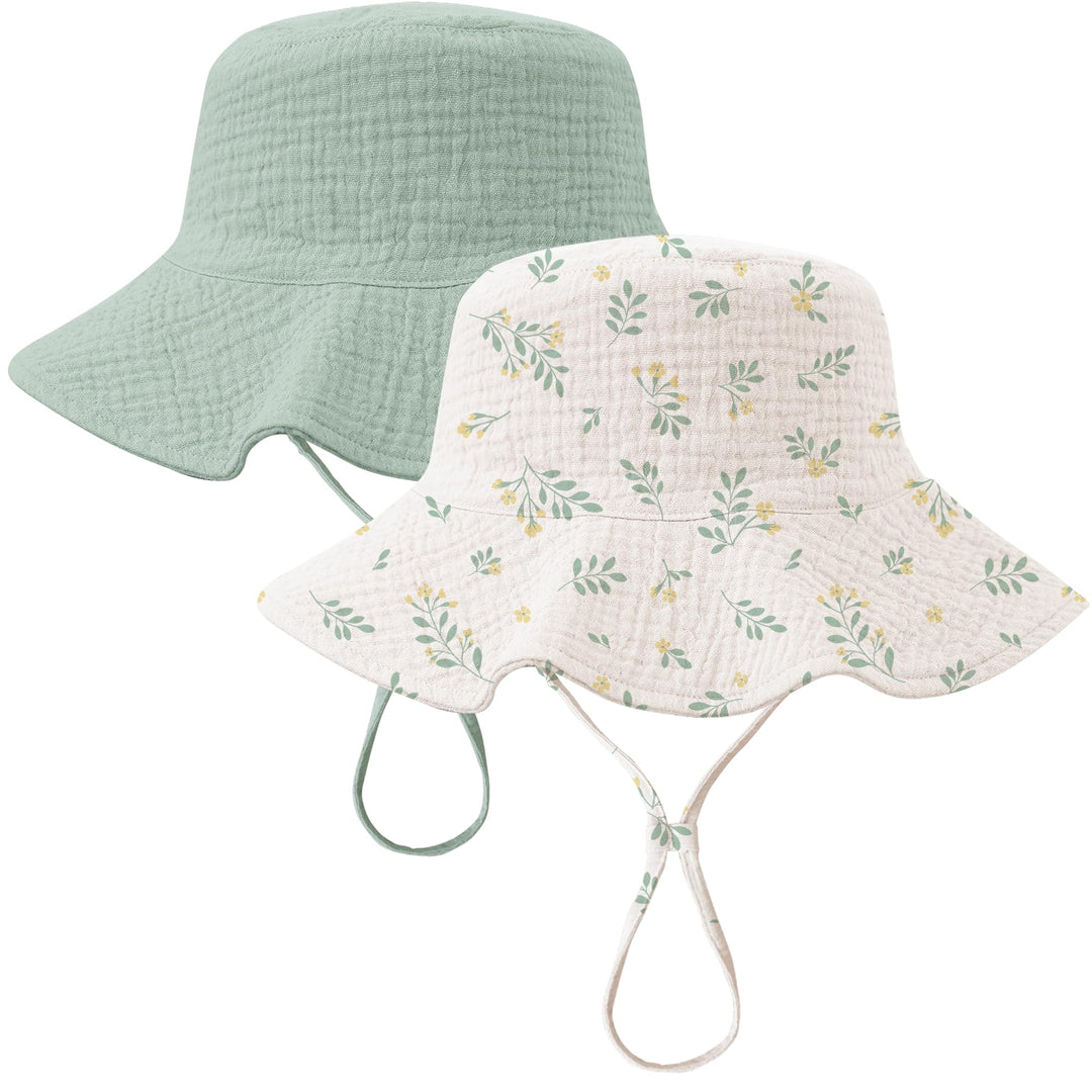 Konssy 2-Pack Muslin Baby Girl Sun Hats with Wide Brim, UPF 50+, 0-6& 6-12M - Green-leafy - image 1