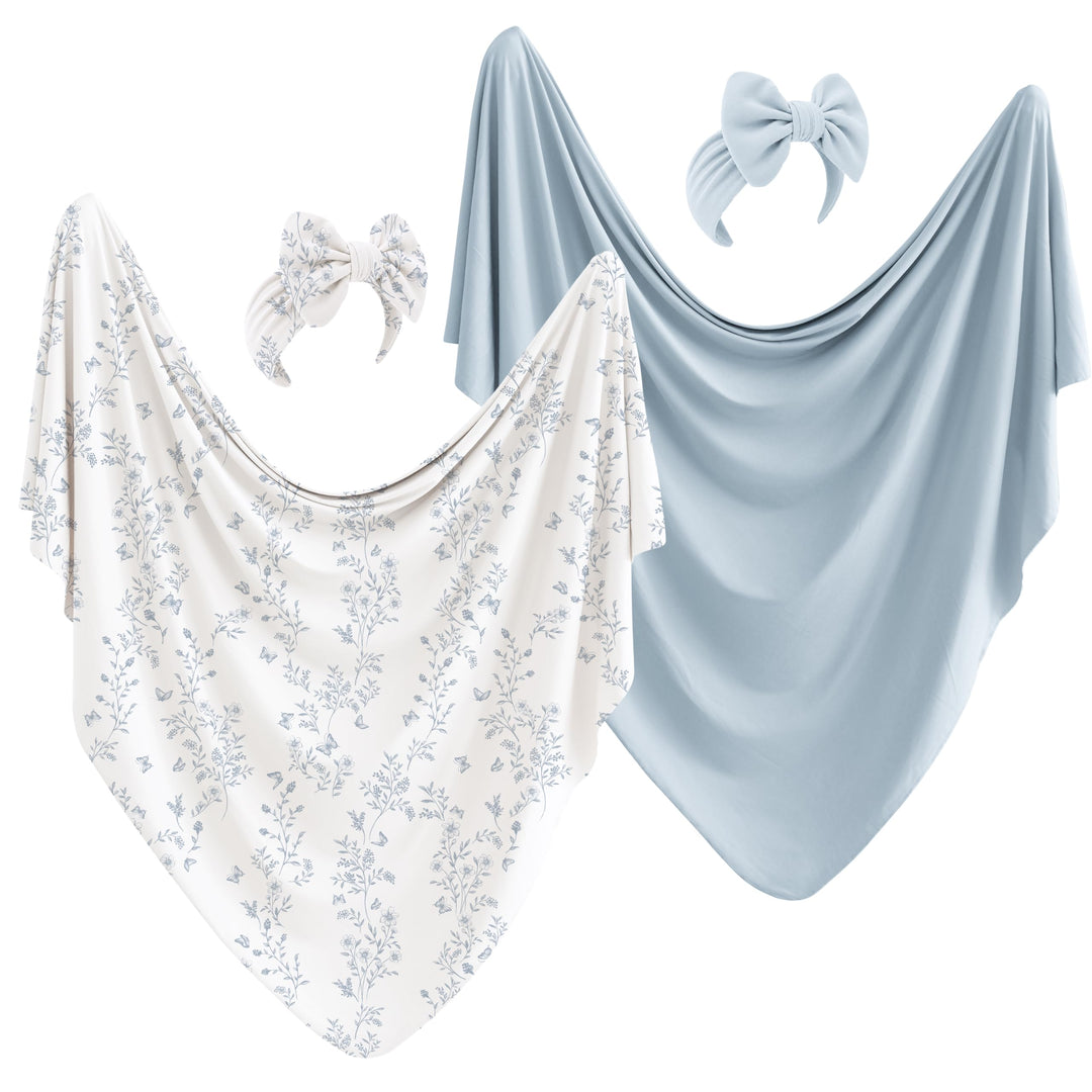 Konssy 2-Pack Stretchy Swaddle Blankets, Baby Receiving Blankets, 41"x41" - Blue, Blue Flower - image 1