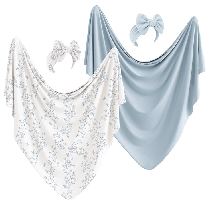 Konssy 2-Pack Stretchy Swaddle Blankets, Baby Receiving Blankets, 41"x41" - Blue, Blue Flower - image 1