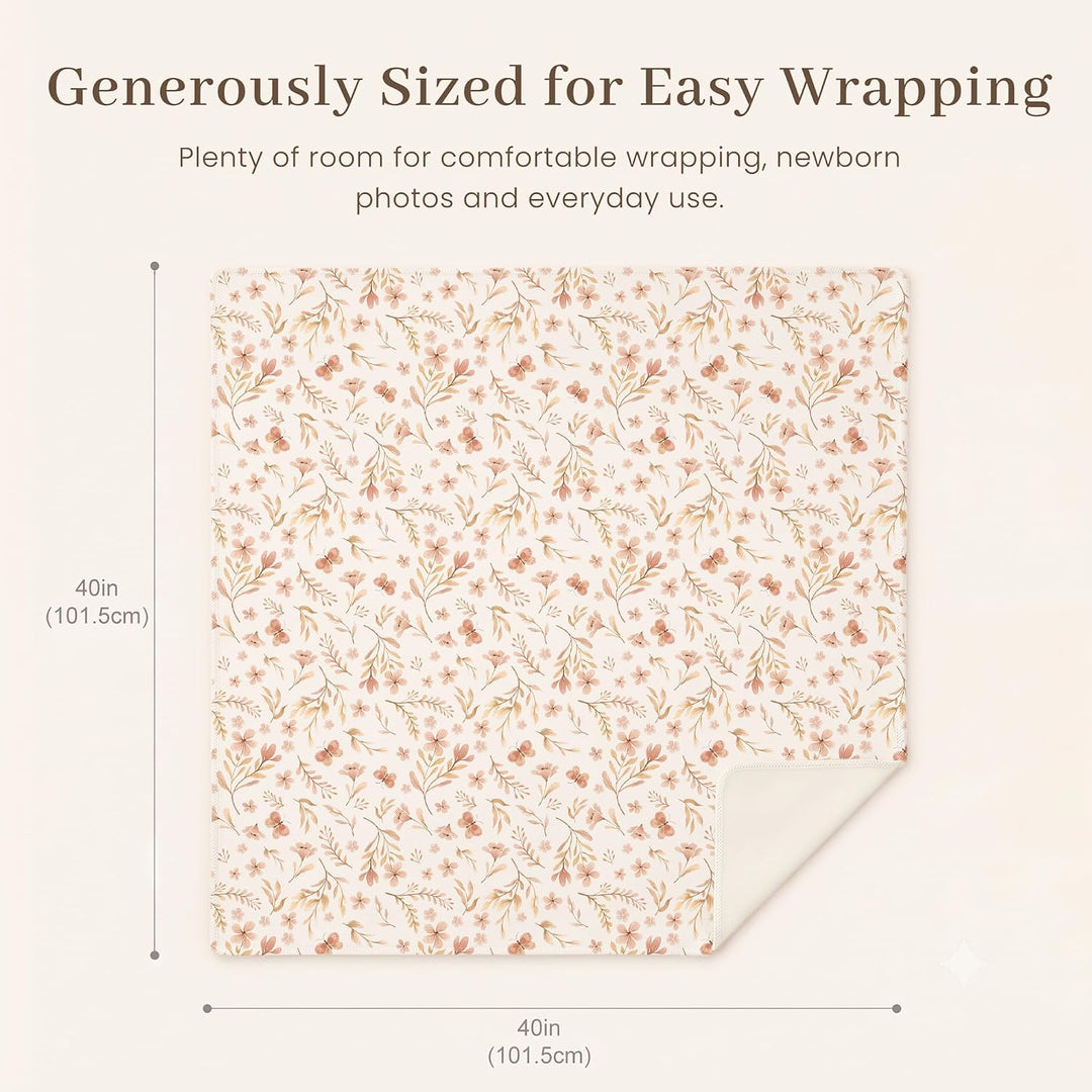 Konssy Baby Swaddle Blanket Set for Girl, 4-Piece Newborn Receiving Blanket/Soft & Stretchy, Matching Bow Hat, Headband and Wooden Sign, Floral & Solid, Newborn Photos and Birth Announcements