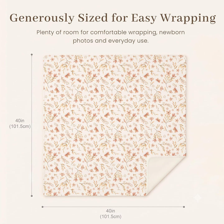 Konssy Baby Swaddle Blanket Set for Girl, 4-Piece Newborn Receiving Blanket/Soft & Stretchy, Matching Bow Hat, Headband and Wooden Sign, Floral & Solid, Newborn Photos and Birth Announcements