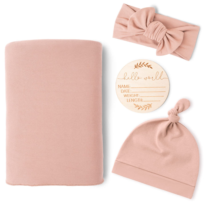 Konssy Newborn Swaddle Blanket with Beanie Hat Set, Baby Receiving Blanket - Millenial Pink - image 1