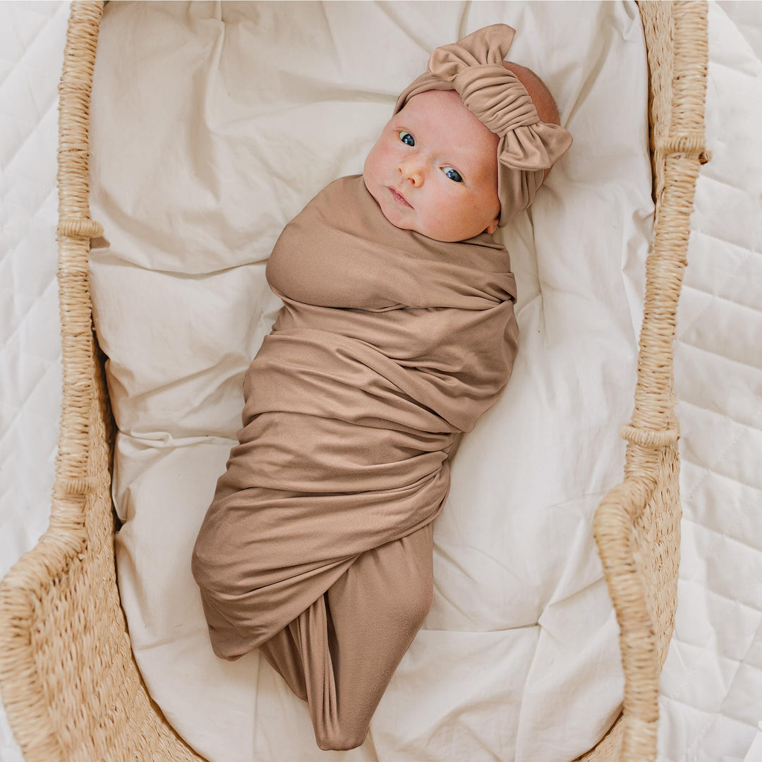 Konssy Newborn Swaddle Blanket with Beanie Hat Set, Baby Receiving Blanket - Brown - image 3