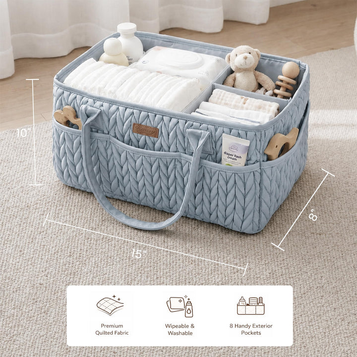 Konssy Baby Diaper Caddy Organizer, Braided Quilted Design with PU Handles - Braided Blue - image 5