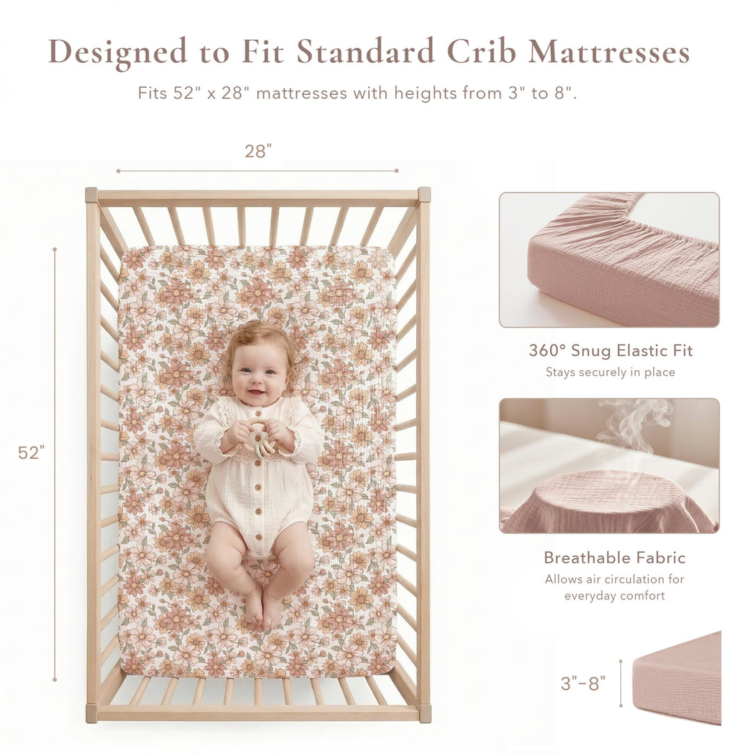 Konssy 2 Pack Muslin Crib Sheets for Standard Crib Mattress, 52" x 28" - Vintage Petals,Taupe - image 2