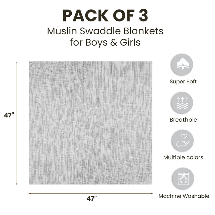 Konssy 3-Pack Muslin Baby Swaddle Blankets, 47 x 47 In Receiving Blankets - Grey - image 5