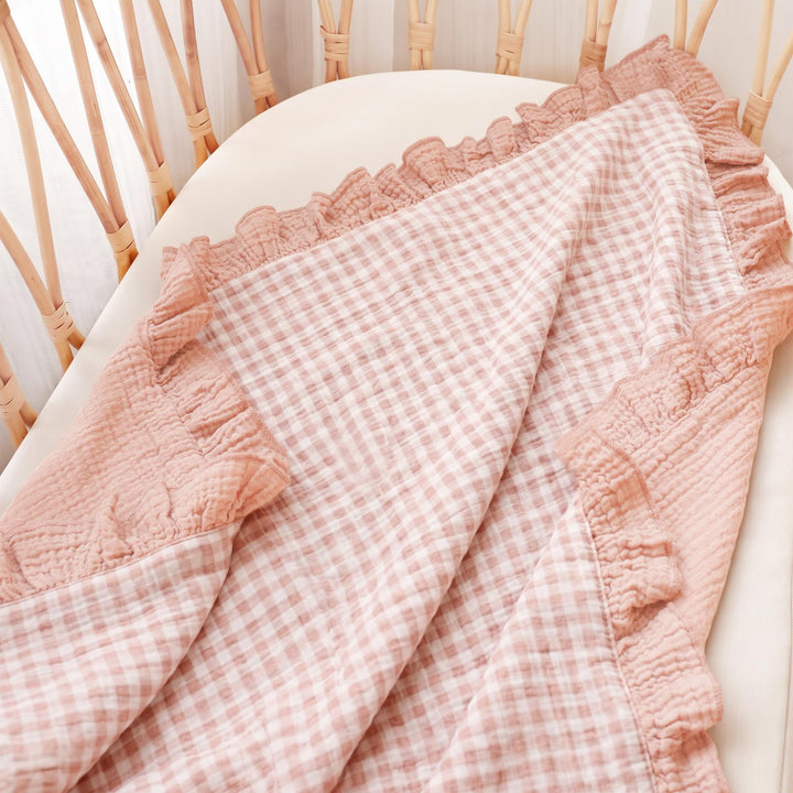 Konssy 100% Cotton Muslin Baby Blanket with Ruffle Trim for Girls, 43"x39" - Pink Check - image 4