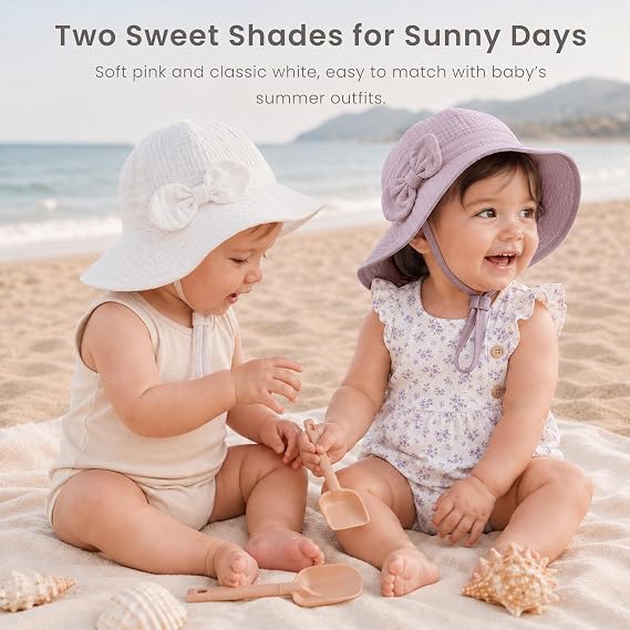 Konssy 2-Pack Muslin Baby Sun Hats for Girls with Bows, UPF 50+/100% Cotton, Sun Protection, Baby Bucket Hat, Adjustable Chin Strap, for Newborn &Infant, 0-6& 6-12 Months