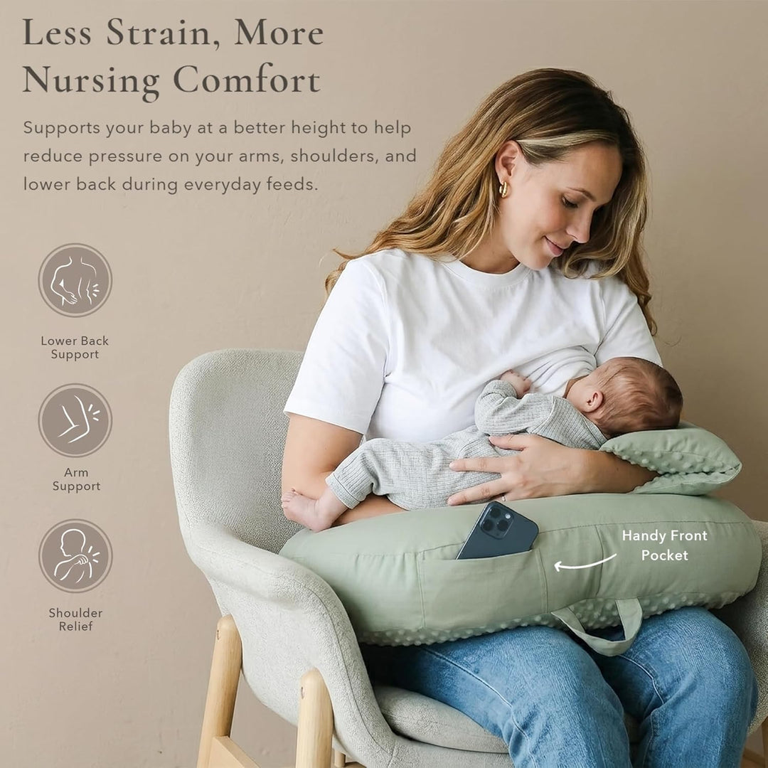 Konssy Nursing Pillow for Breastfeeding and Bottle Feeding, Safety Guard Baby Feeding Pillow, Gentle Incline, Waist Strap, Side Pocket for New Moms Home and Travel