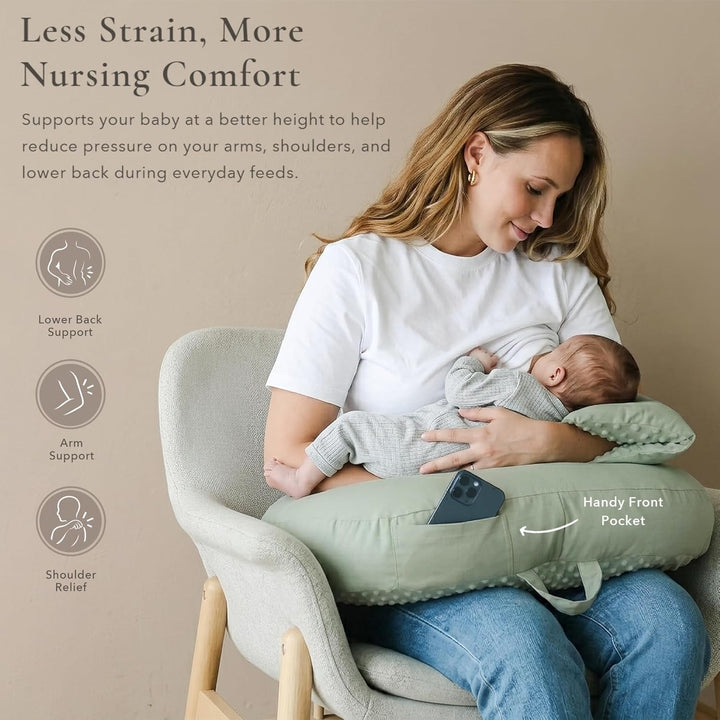 Konssy Nursing Pillow for Breastfeeding and Bottle Feeding, Safety Guard Baby Feeding Pillow, Gentle Incline, Waist Strap, Side Pocket for New Moms Home and Travel