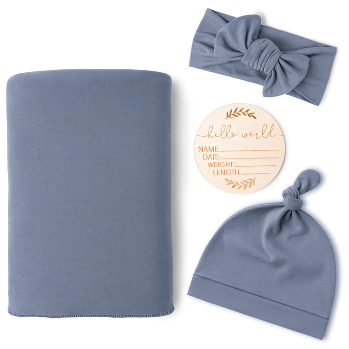 Konssy Newborn Swaddle Blanket with Beanie Hat Set, Baby Receiving Blanket - Blue - image 1
