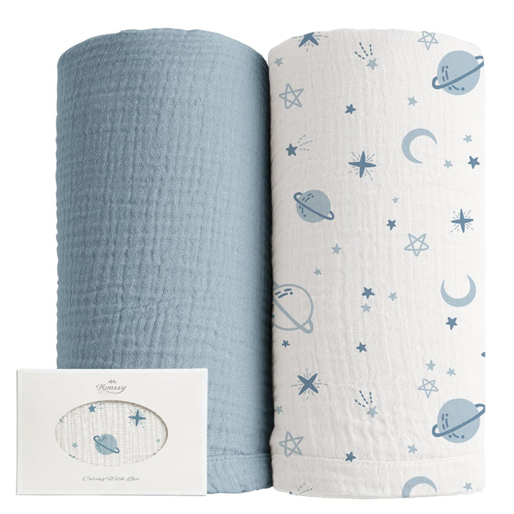 Konssy Muslin Swaddle Blankets, 100% Cotton Receiving Blankets, 47"x 47" - Star,Blue - image 1