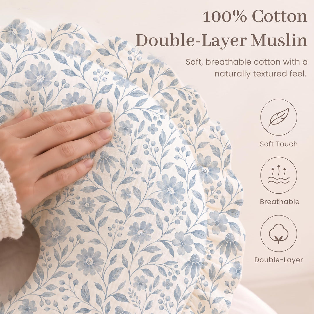 Konssy 100% Muslin Cotton Soft Nursing Pillow Cover with Ruffle Trim - Blue Flower - image 5