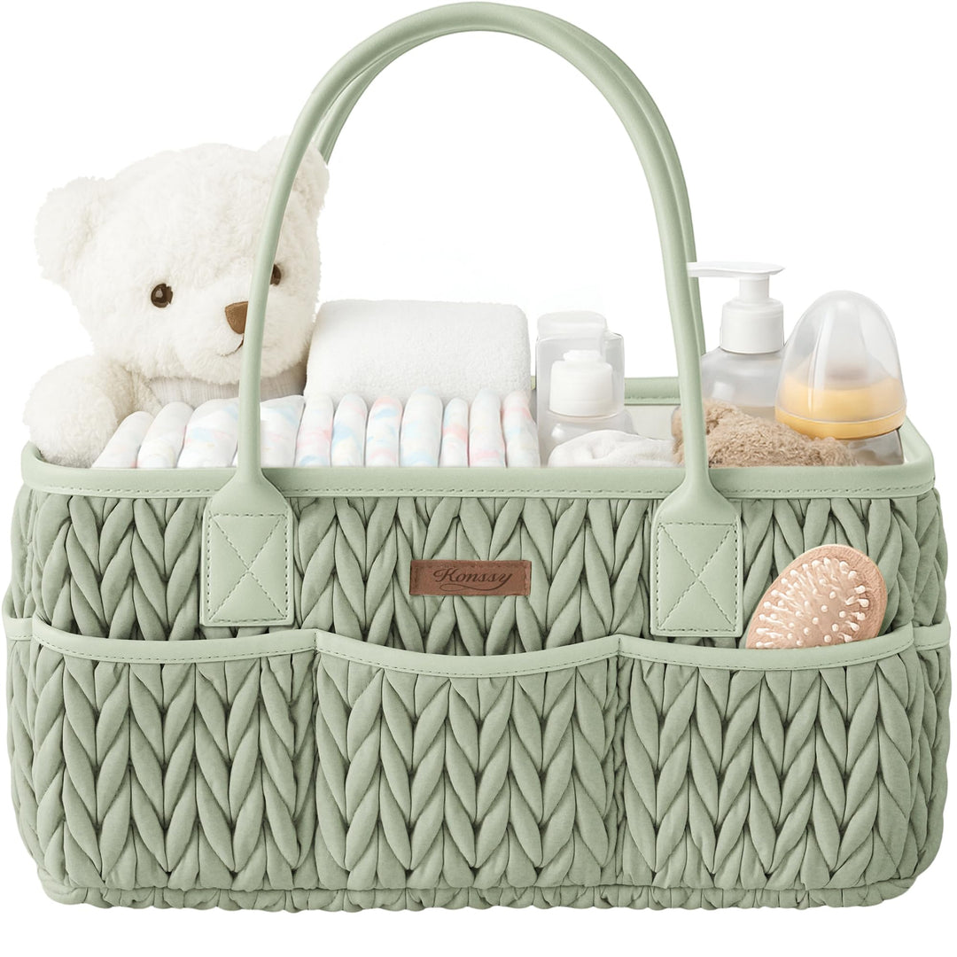 Konssy Baby Diaper Caddy Organizer, Braided Quilted Design with PU Handles - Braided Sage - image 1