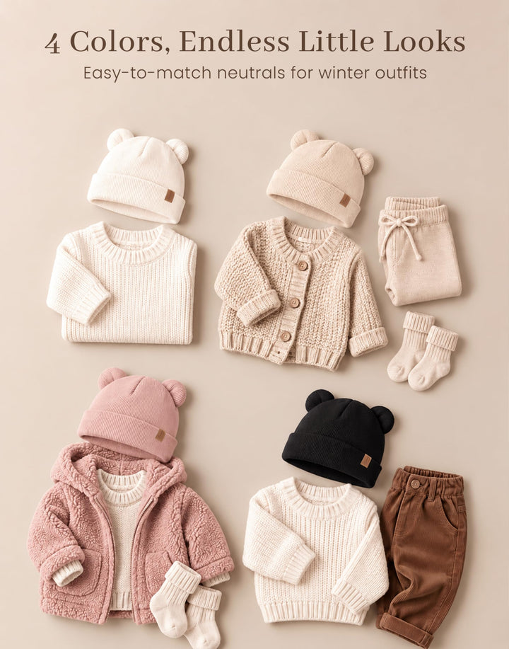 Konssy 4 Pack Baby Beanies with Bear Ear Winter Hat for Newborn 0-6 Months - Pink - image 5