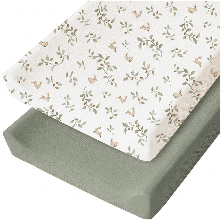 Konssy 2 Pack Muslin Changing Pad Covers for Baby Girls Boys, 32"x16" - Rabbit,Fog Green - image 1
