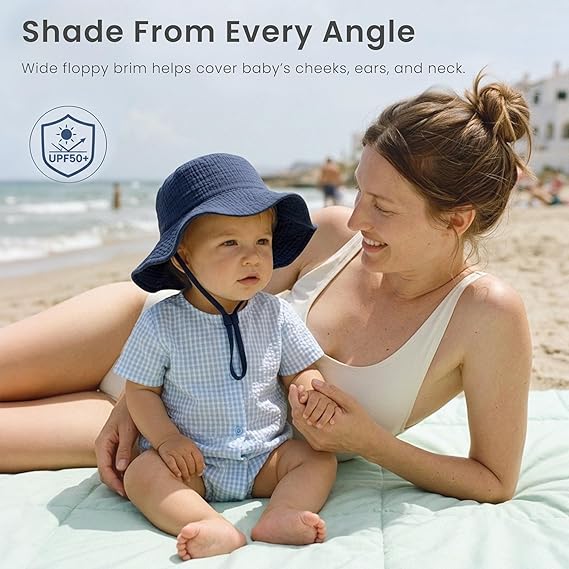Konssy Muslin Baby Boy Sun Hat 2-Pack, Infant Sun Hat with Wide Brim, UPF 50+ Baby Beach Hat for 0-6 Months
