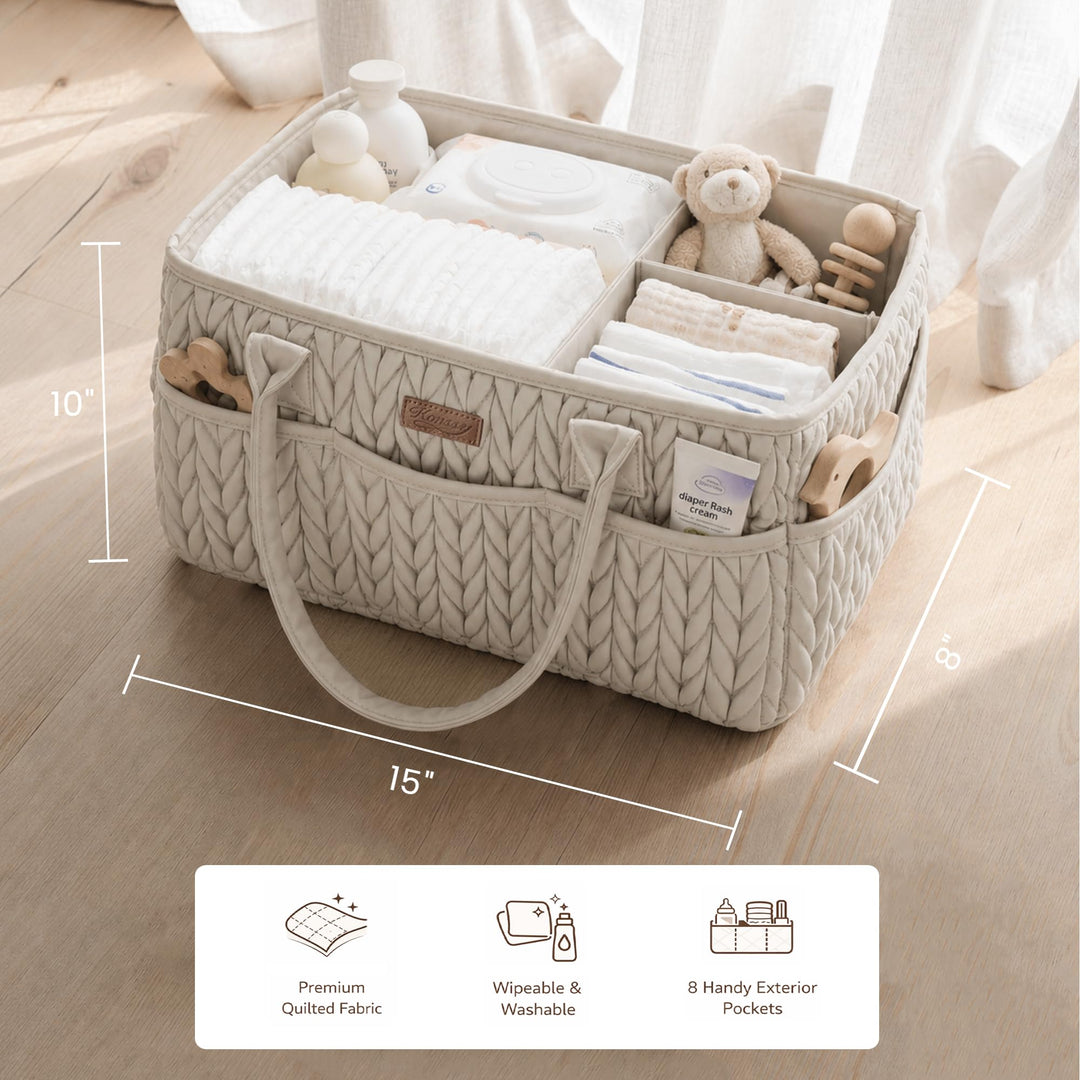 Konssy Baby Diaper Caddy Organizer, Braided Quilted Design with PU Handles - Braided Gray - image 5