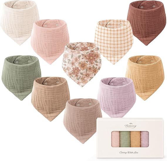 Konssy 10 Pack Baby Muslin Bandana Bibs for Drooling and Teething 100% Cotton, 6-Layer Bibs, Pre-Washed Soft & Absorbent, Adjustable Neck Fit, Boys & Girls 0-36M