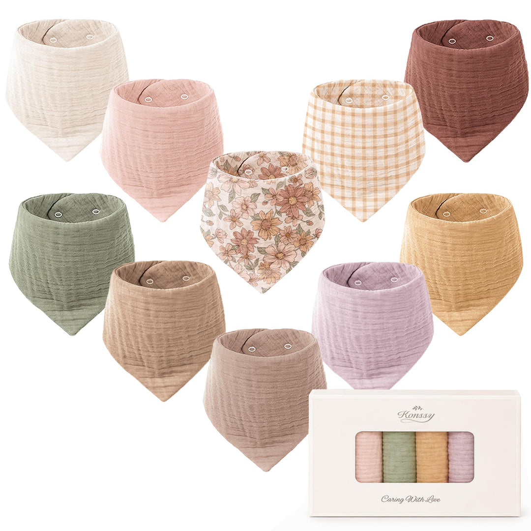Konssy 10 Pack Baby Muslin Bandana Bibs for Drooling and Teething - Vintage Petals - image 1