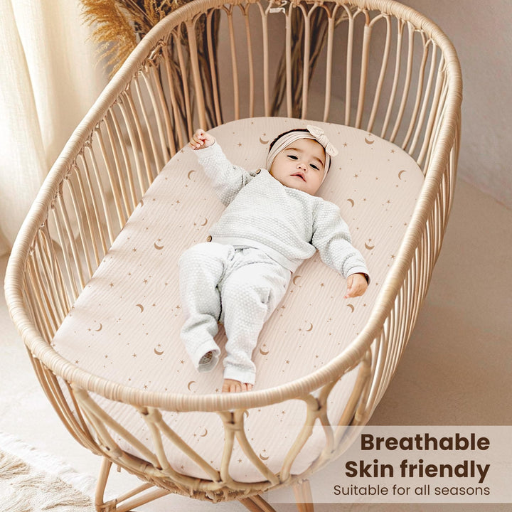 Konssy 2 Pack Muslin Bassinet Sheets for Baby Girls Boys, 32"x16" - Coffee Check,Moon - image 4