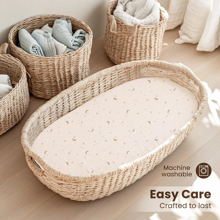 Konssy 2 Pack Muslin Bassinet Sheets for Baby Girls Boys, 32"x16" - Coffee Check,Moon - image 5