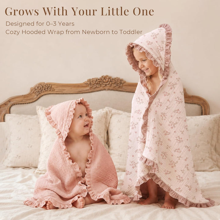 Konssy 100% Muslin Cotton Baby Hooded Towel, Soft Absorbent Bath Towel for Newborns, Infants and Toddlers, Baby Gift and Newborn Essentials with Lace Ruffle Hood - Soft Blooms - B0GY76M1DR image 2