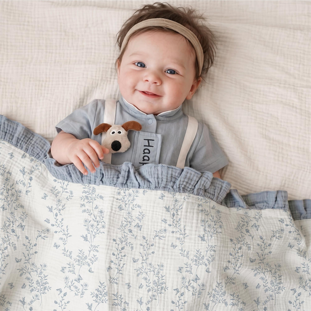 Konssy 100% Cotton Muslin Baby Blanket with Ruffle Trim for Girls, 43"x39" - Blue Garden - image 2
