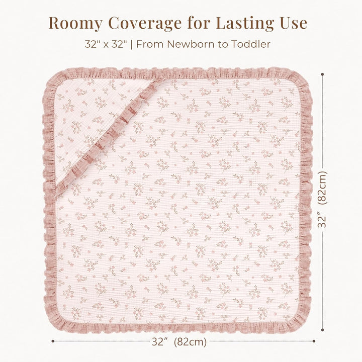 Konssy 100% Muslin Cotton Baby Hooded Towel, Soft Absorbent Bath Towel for Newborns, Infants and Toddlers, Baby Gift and Newborn Essentials with Lace Ruffle Hood - Soft Blooms - B0GY76M1DR image 4