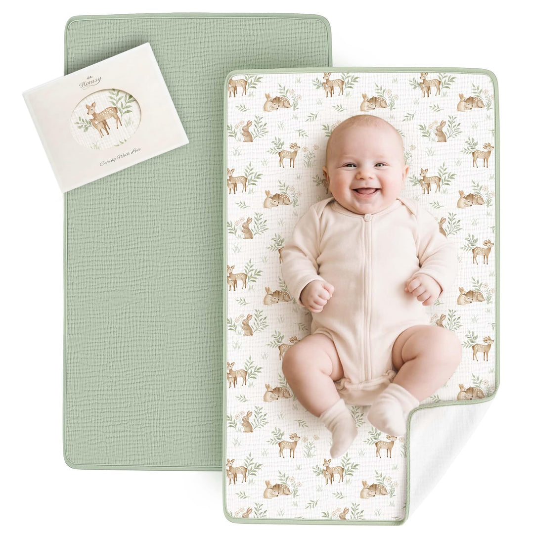 Konssy 2 Pack Waterproof Muslin Portable Changing Pad, Diaper Changing Mat - Woodland,Sage - image 1