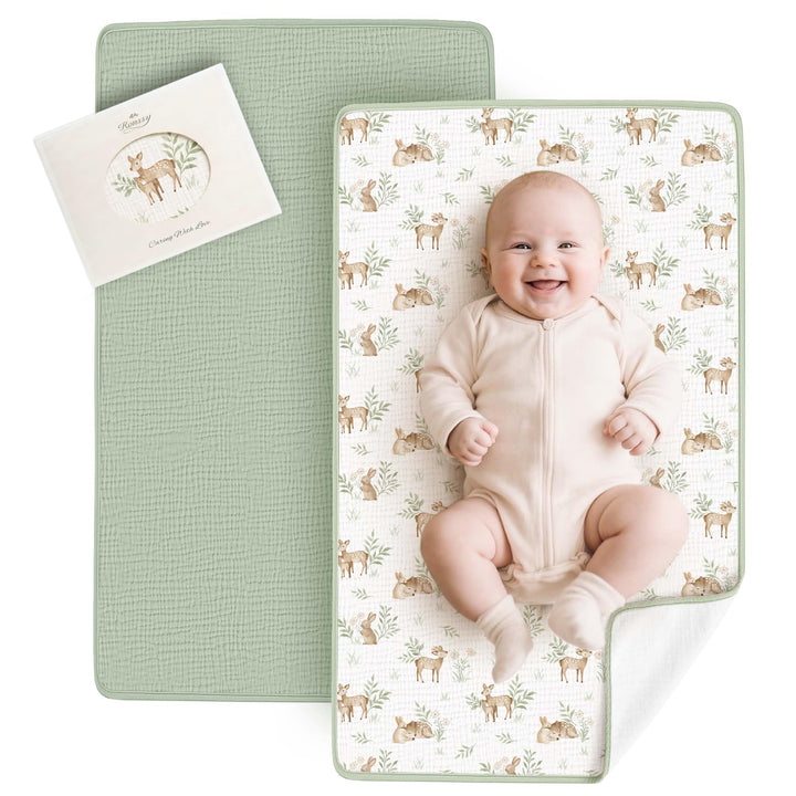 Konssy 2 Pack Waterproof Muslin Portable Changing Pad, Diaper Changing Mat - Woodland,Sage - image 1