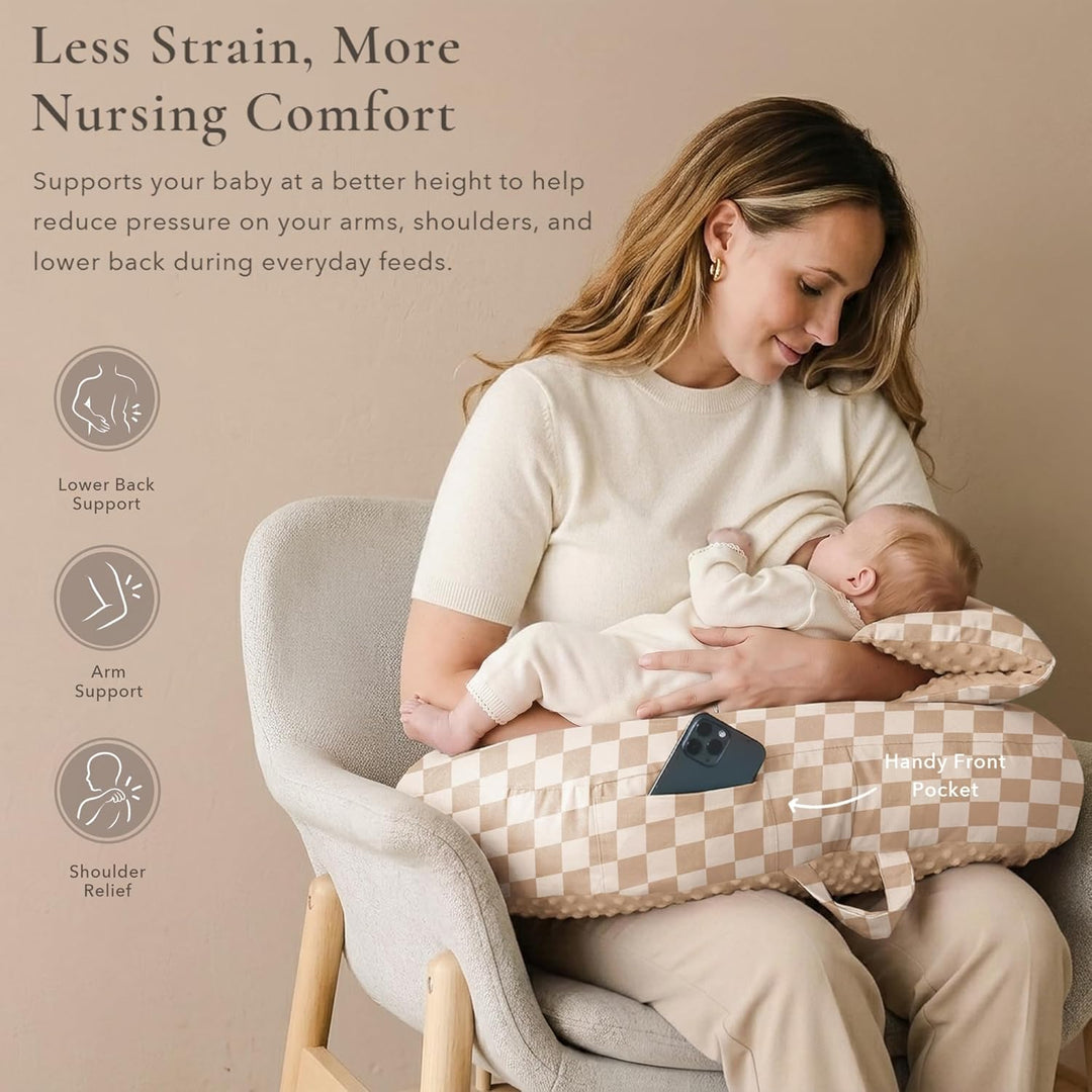 Konssy Nursing Pillow for Breastfeeding and Bottle Feeding, Safety Guard Baby Feeding Pillow, Gentle Incline, Waist Strap, Side Pocket for New Moms Home and Travel
