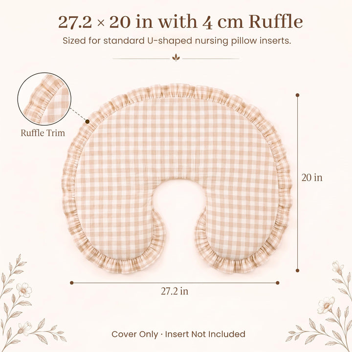 Konssy 100% Muslin Cotton Soft Nursing Pillow Cover with Ruffle Trim - Apricot Check - image 3