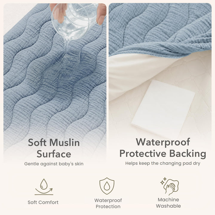 Konssy 2 Pack Quilted Muslin Changing Pad Cover, Waterproof Layer 32" x 16" - Seamist - image 5