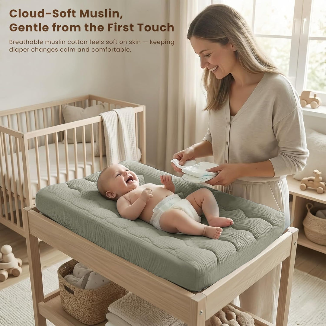 Konssy Waterproof Muslin Changing Pad Cover 2 Pack, 100% Cotton Quilted Diaper Changing Table Sheets, Soft Breathable Boho Nursery Bedding for Baby, Silent & Absorbent Standard Fit