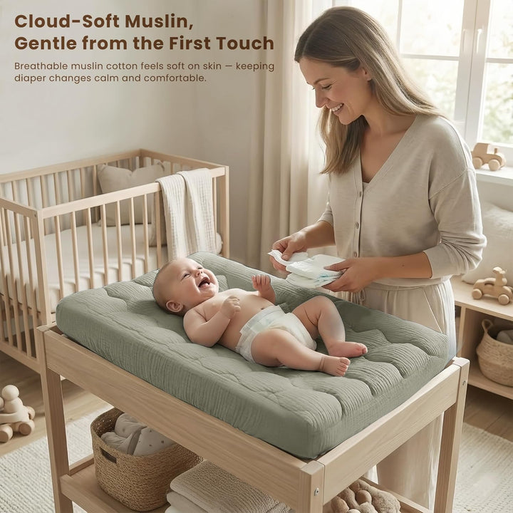 Konssy Waterproof Muslin Changing Pad Cover 2 Pack, 100% Cotton Quilted Diaper Changing Table Sheets, Soft Breathable Boho Nursery Bedding for Baby, Silent & Absorbent Standard Fit