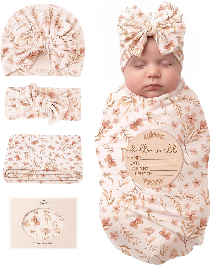 Konssy Baby Swaddle Blanket Set for Girl, 4-Piece Newborn Receiving Blanket/Soft & Stretchy, Matching Bow Hat, Headband and Wooden Sign, Floral & Solid, Newborn Photos and Birth Announcements