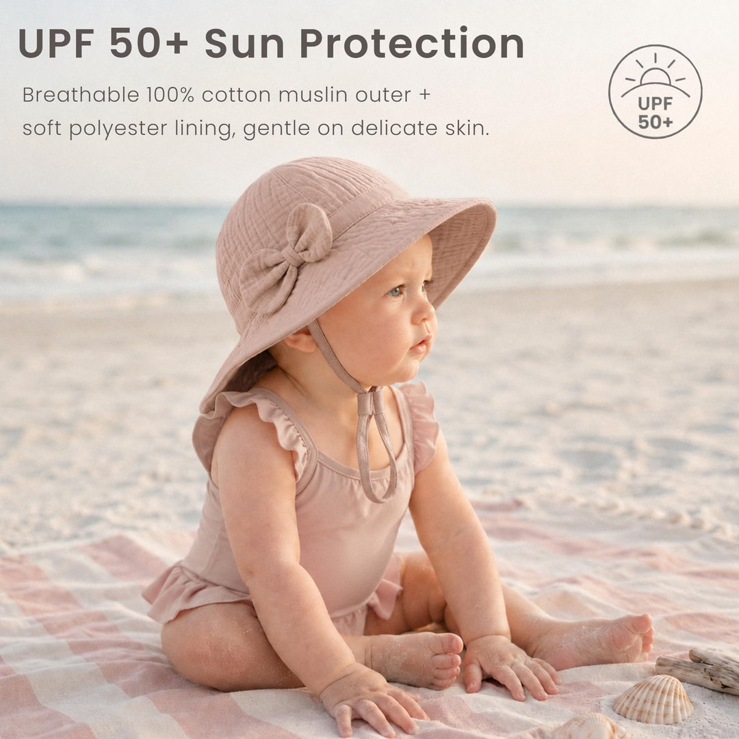 Konssy 2-Pack Muslin Baby Sun Hats for Girls with Bows, UPF 50+ - Soft Blooms Taupe - image 2
