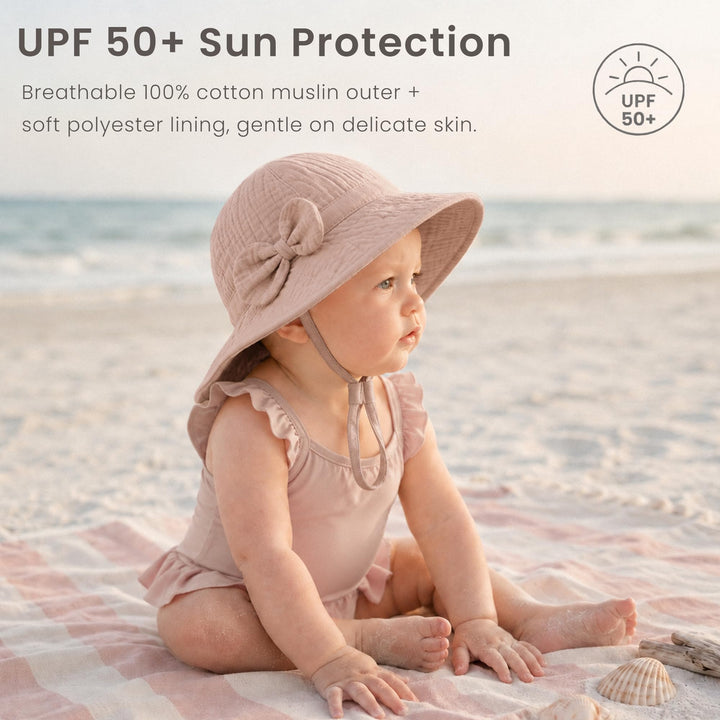Konssy 2-Pack Muslin Baby Sun Hats for Girls with Bows, UPF 50+ - Soft Blooms Taupe - image 2