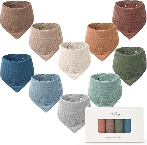 Konssy 10 Pack Baby Muslin Bandana Bibs for Drooling and Teething 100% Cotton, 6-Layer Bibs, Pre-Washed Soft & Absorbent, Adjustable Neck Fit, Boys & Girls 0-36M