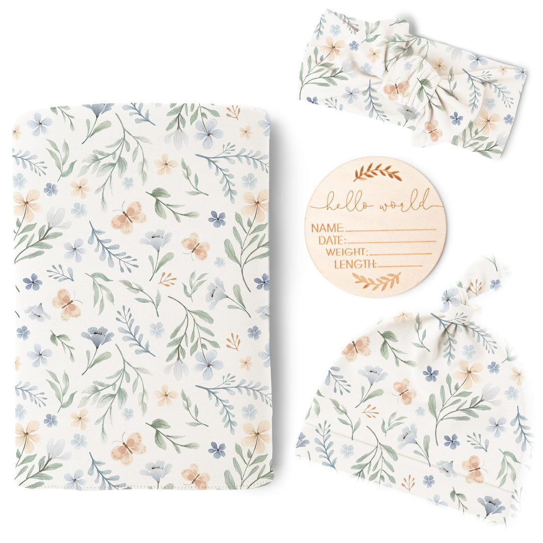 Konssy Newborn Swaddle Blanket with Beanie Hat Set, Baby Receiving Blanket - Blue Grass - image 1