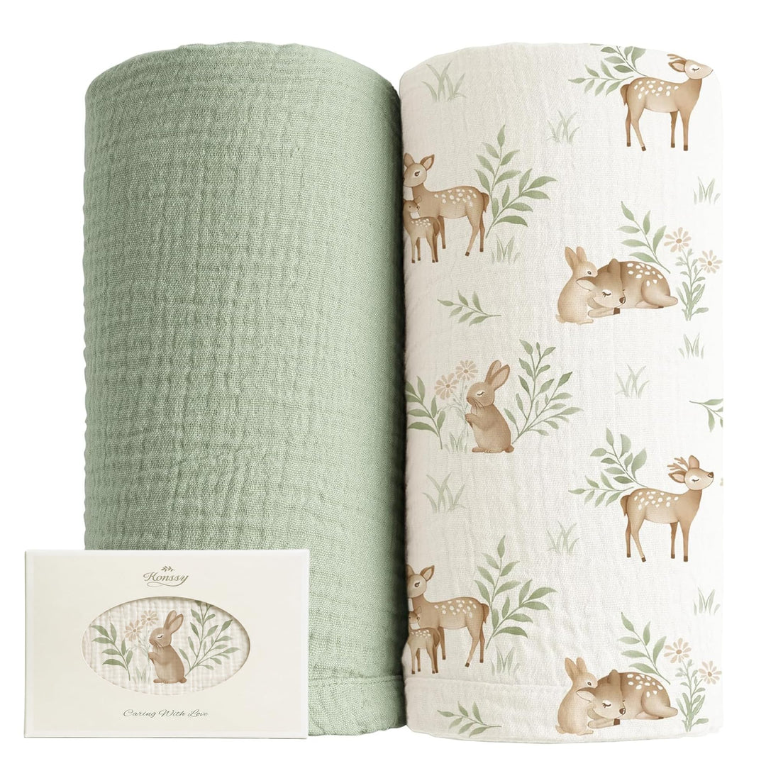 Konssy Muslin Swaddle Blankets, 100% Cotton Receiving Blankets, 47"x 47" - Woodland,sage - image 1