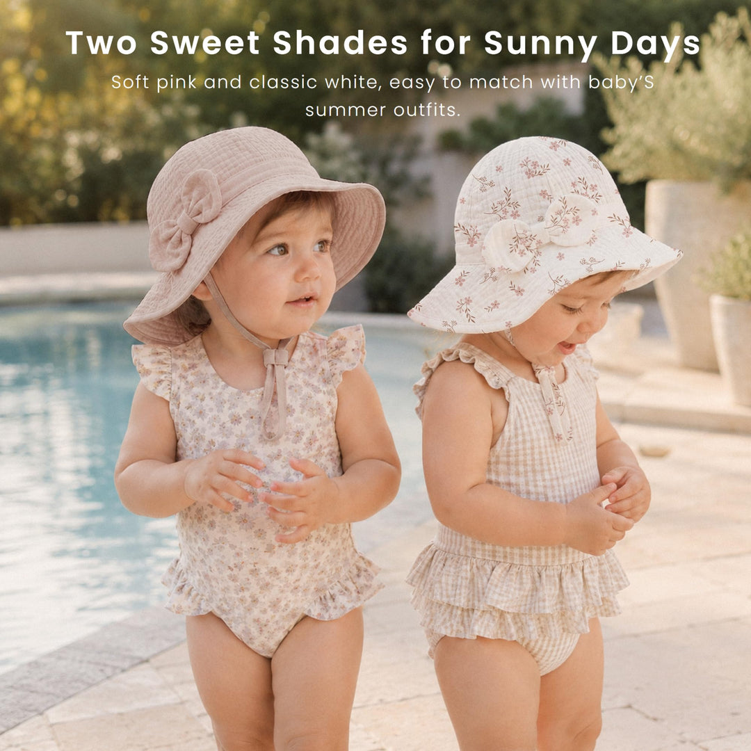 Konssy 2-Pack Muslin Baby Sun Hats for Girls with Bows, UPF 50+ - Soft Blooms Taupe - image 4