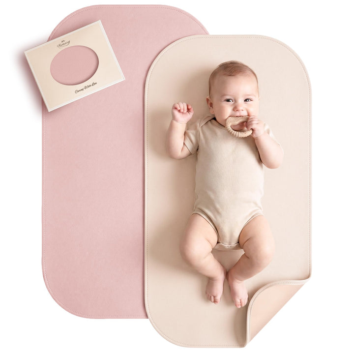 Konssy Faux Leather Baby Changing Mat 2 Pack, Oval, 30"x17" - Blush,Beige - image 1