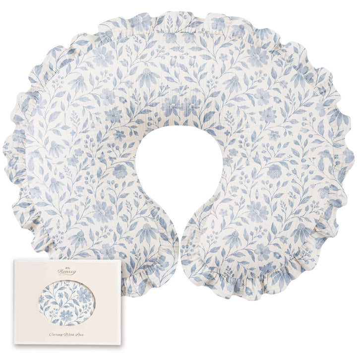 Konssy 100% Muslin Cotton Soft Nursing Pillow Cover with Ruffle Trim - Blue Flower - image 1