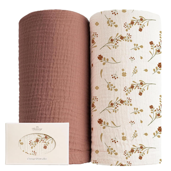 Konssy Muslin Swaddle Blankets, 100% Cotton Receiving Blankets, 47"x 47" - Chestnut,Posy - image 1