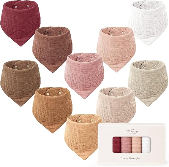 Konssy 10 Pack Baby Muslin Bandana Bibs for Drooling and Teething 100% Cotton, 6-Layer Bibs, Pre-Washed Soft & Absorbent, Adjustable Neck Fit, Boys & Girls 0-36M